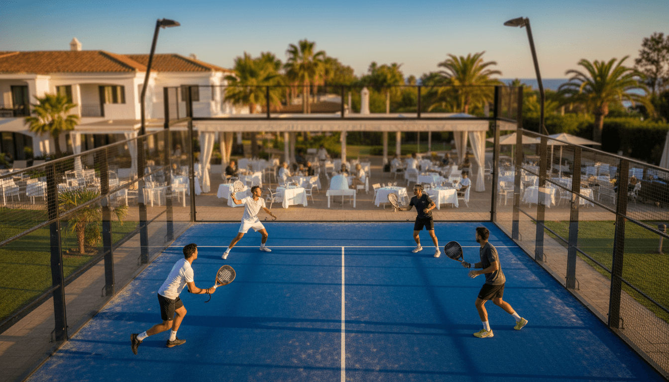 Professional players competing on a premium padel court during golden hour at a European resort