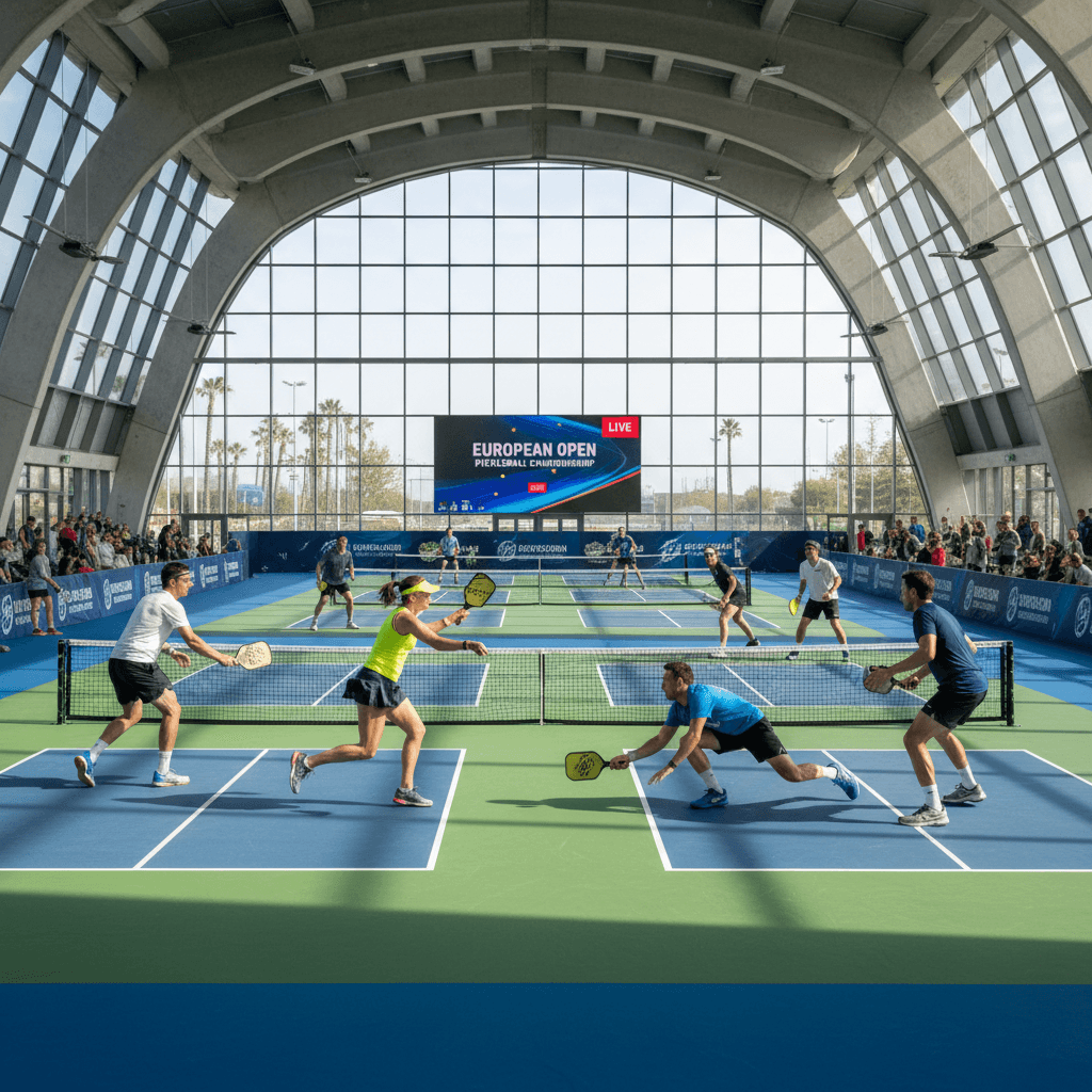 Organized pickleball tournament with multiple players competing simultaneously