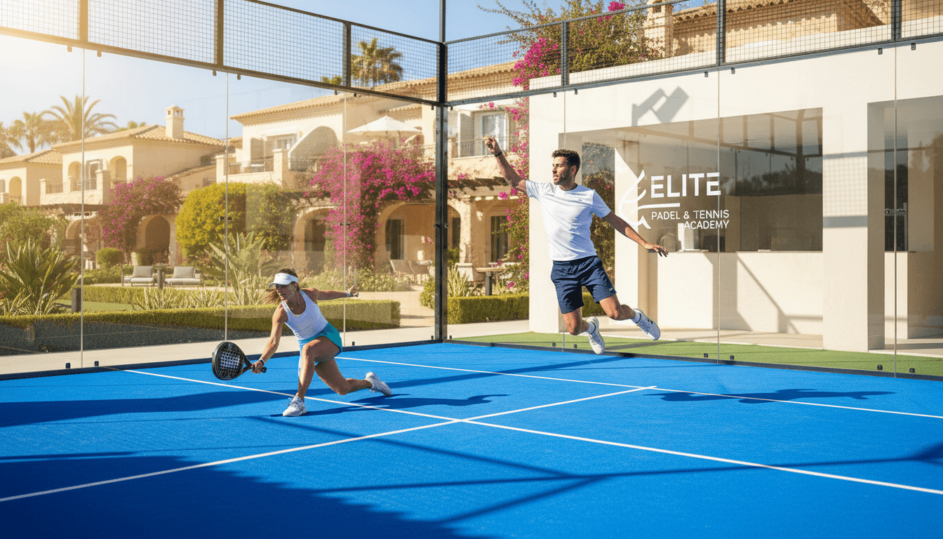 Professional players demonstrating technique on a premium padel court at a luxury European resort destination