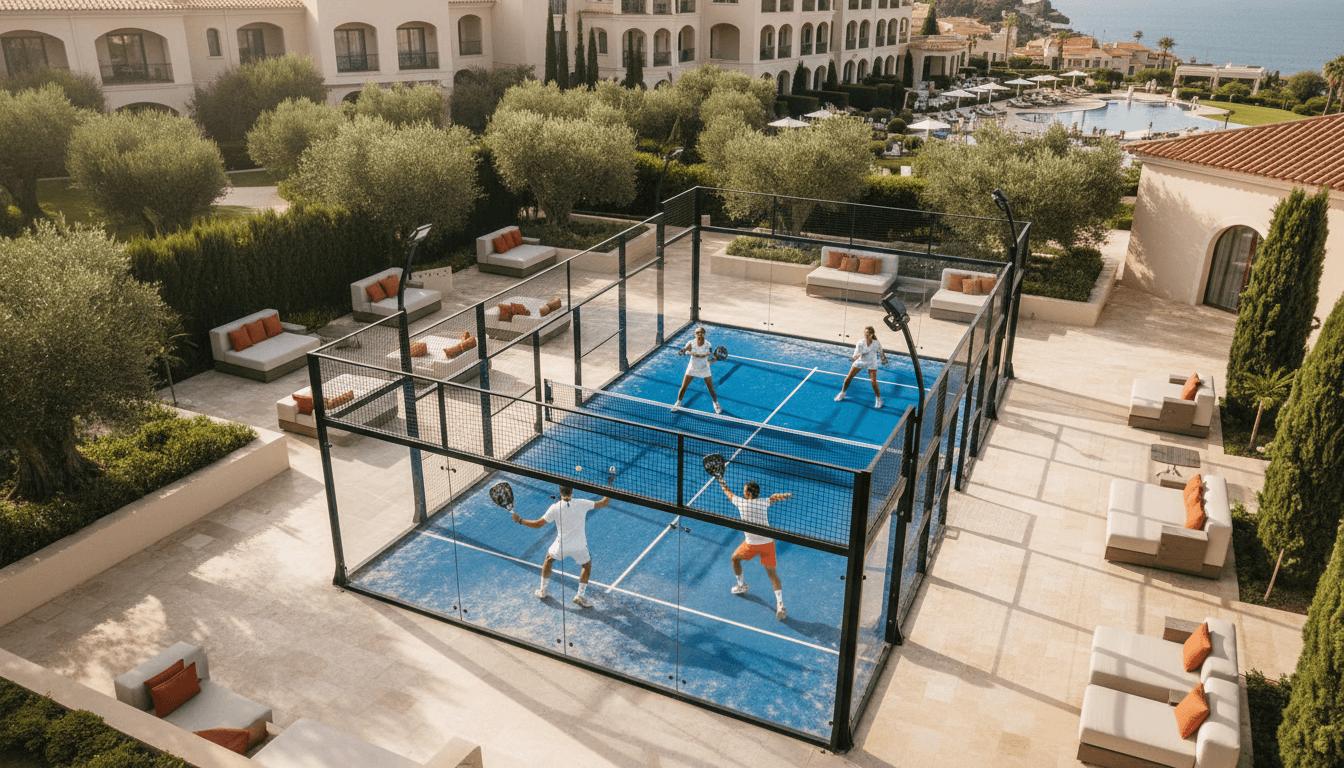 Professional padel players competing on a luxury court in a European resort destination