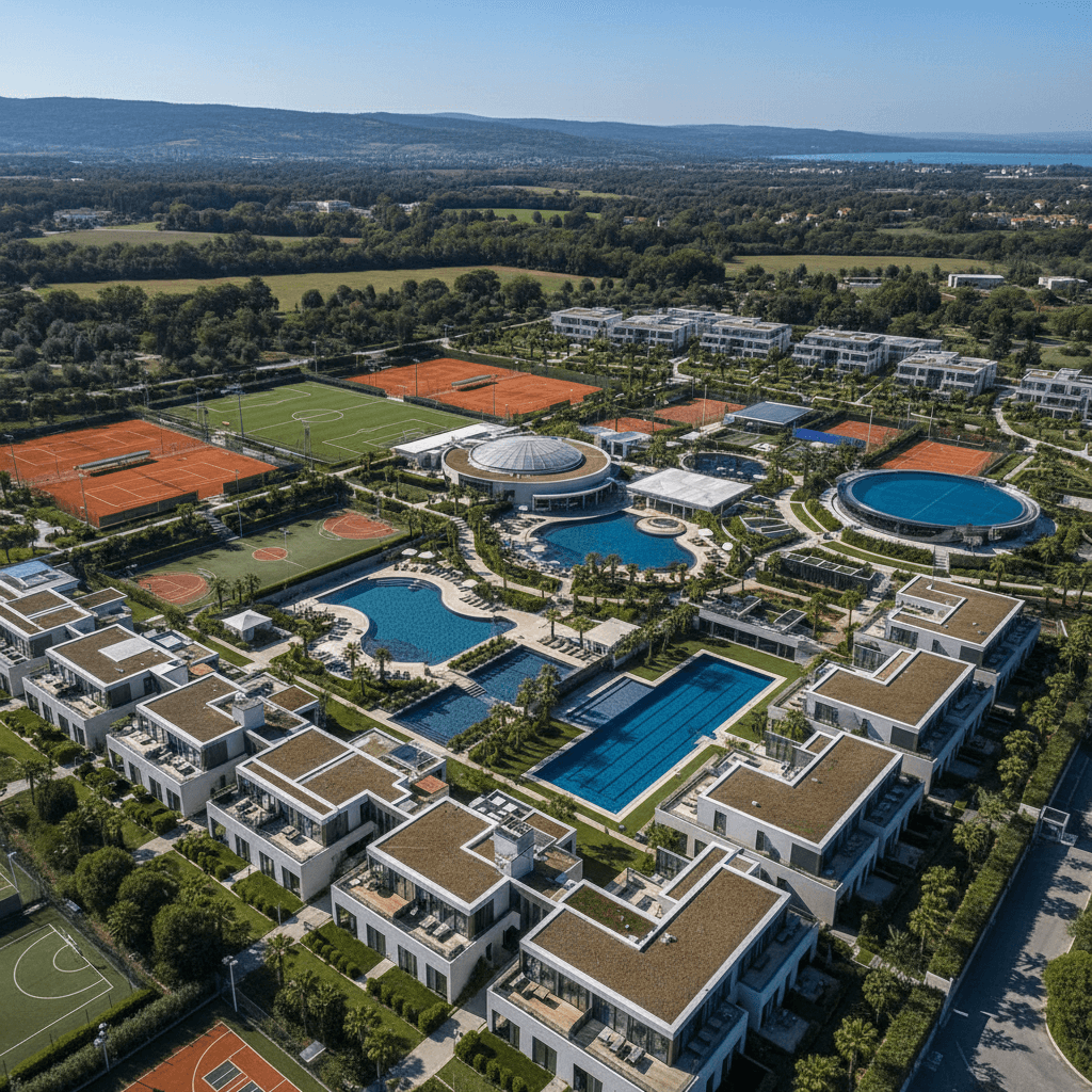 Aerial view of a luxury European resort with premium sports facilities and accommodation