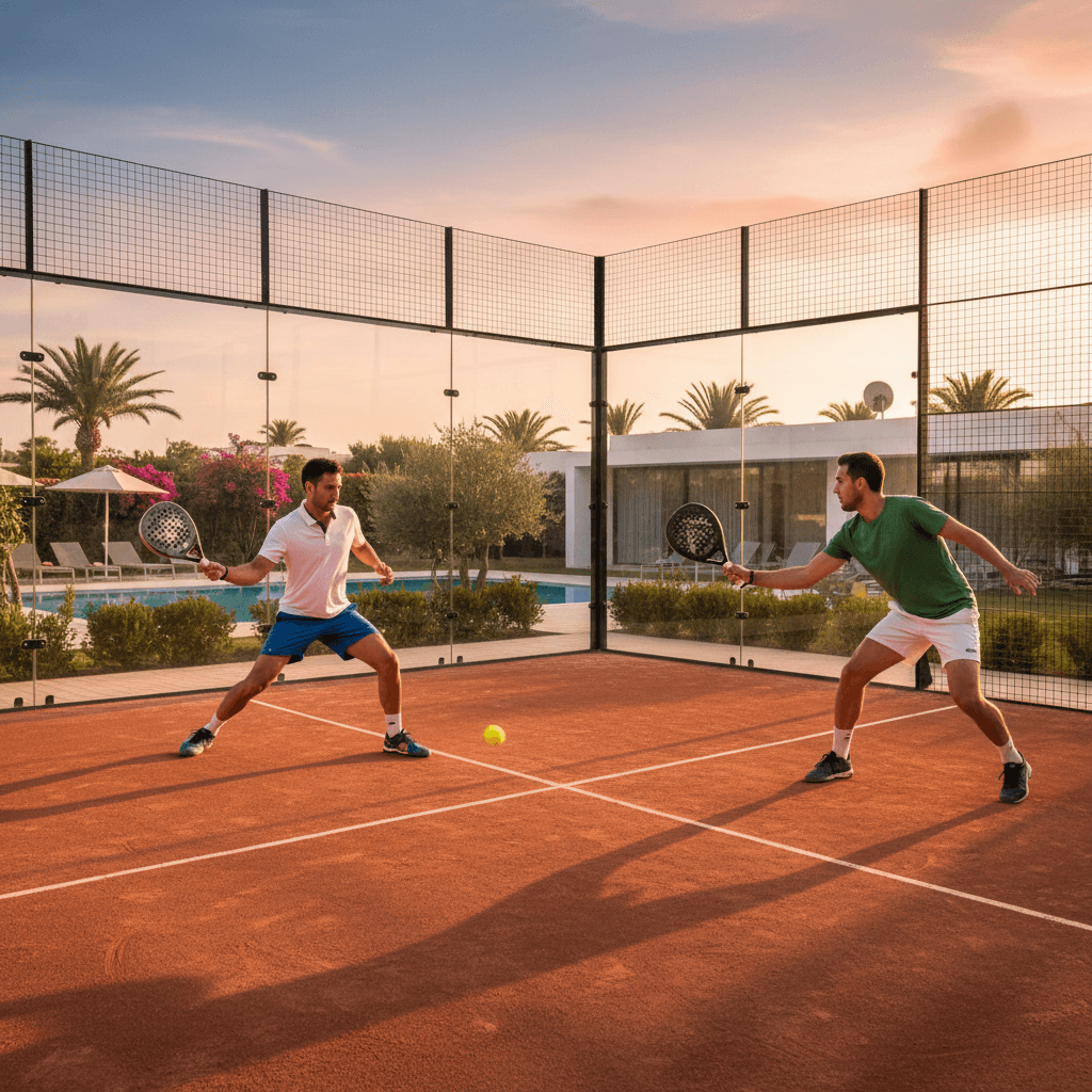 Players competing on a premium padel court in a luxury Mediterranean destination