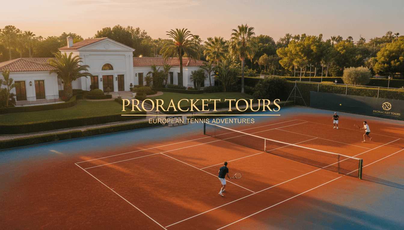 Professional tennis players competing at sunset on a premium European court