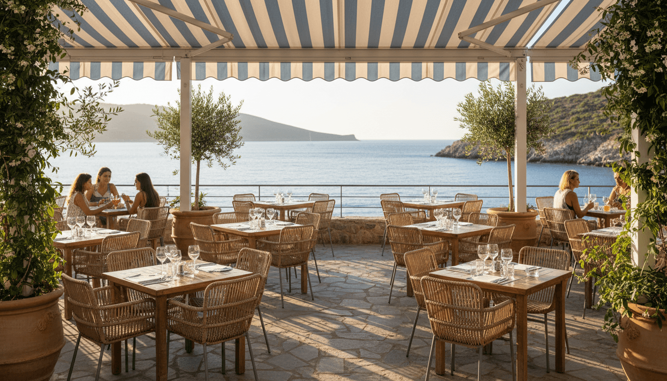 Outdoor café patio with wooden tables, wicker chairs, and Mediterranean coastal décor in afternoon golden light